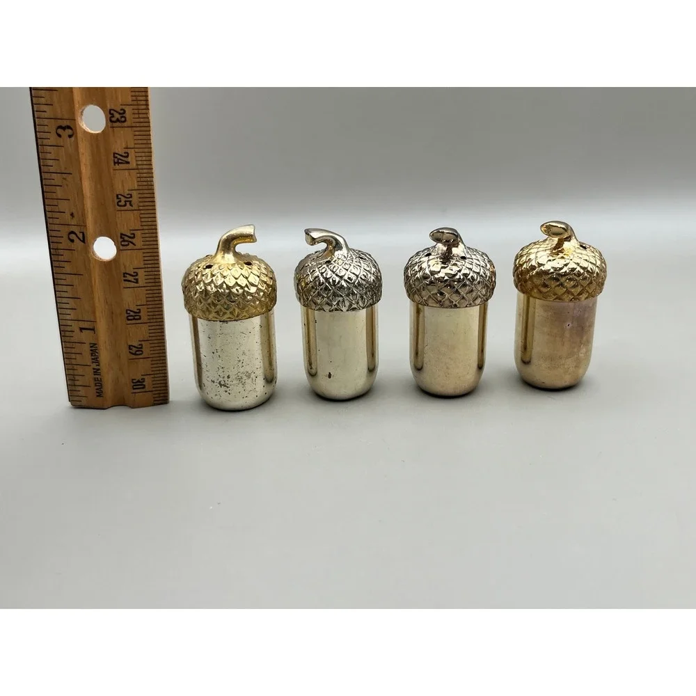 Vtg Acorn Salt Pepper Shakers Set of 4 Japan Silver Gold Tone with Box As Is